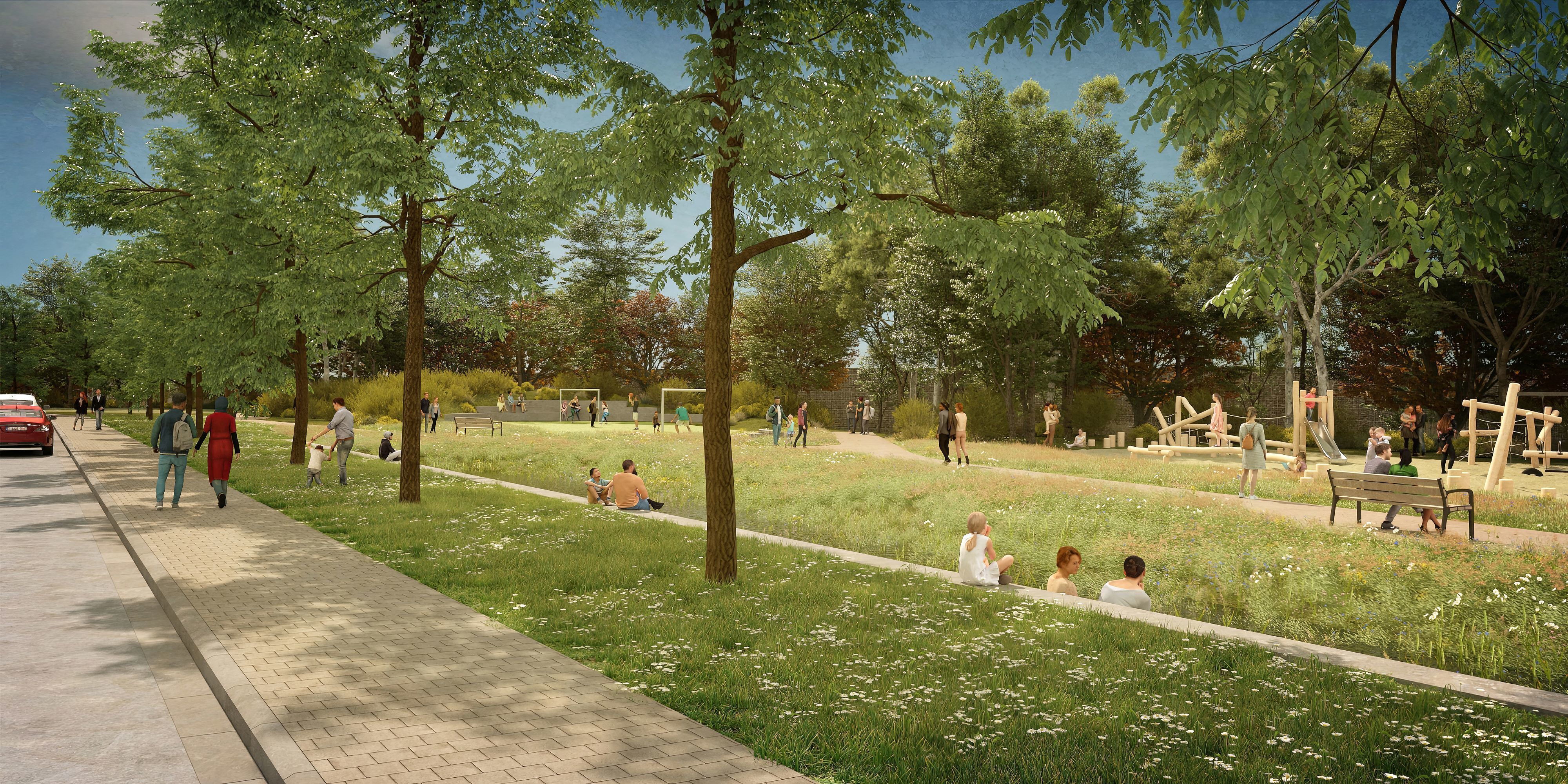 Een toekomstbeeld van het Park Rodekruislaan uit het voorontwerp van Cluster Centraal, deelproject van Ringpark Groene Vesten