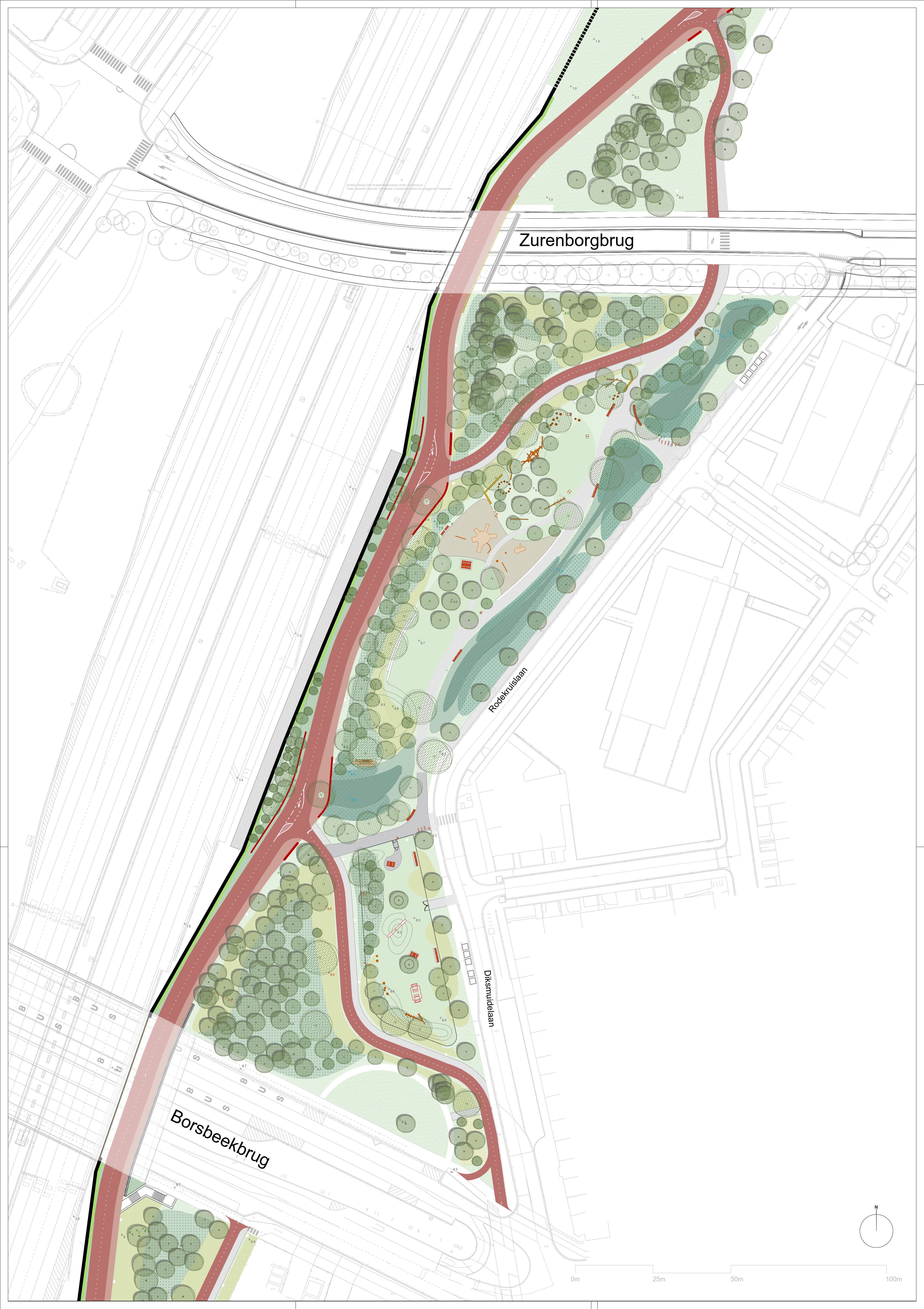 Ontwerpplan van het Rodekruispark, een van de acht deelparken van Ringpark Groene Vesten