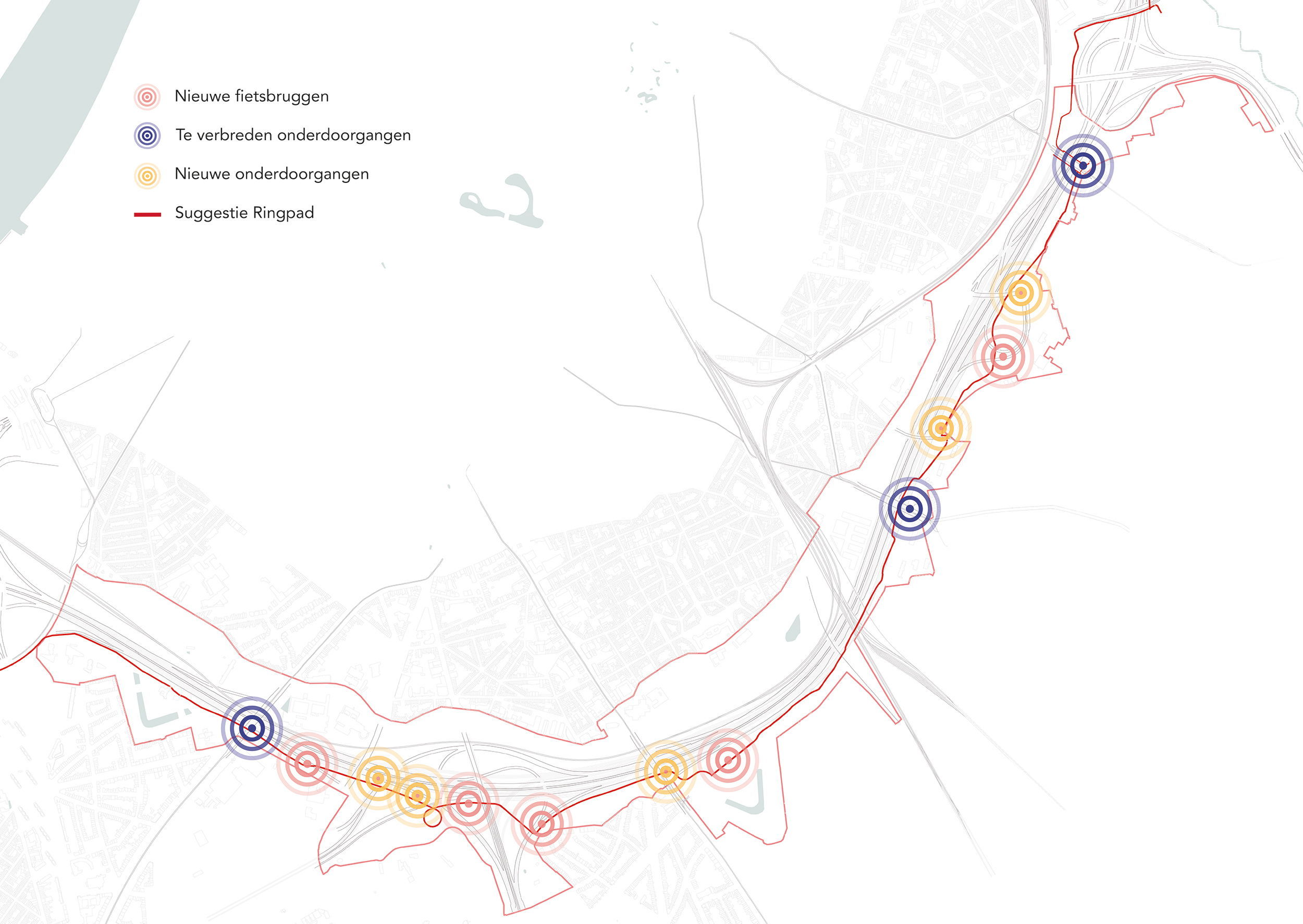 Een voorstel voor het volledige Ringpad door Ringpark Groene Vesten met aanduiding van waar er een extra brug of onderdoorgang moet komen, en waar de bestaande doorgang breder moet worden.