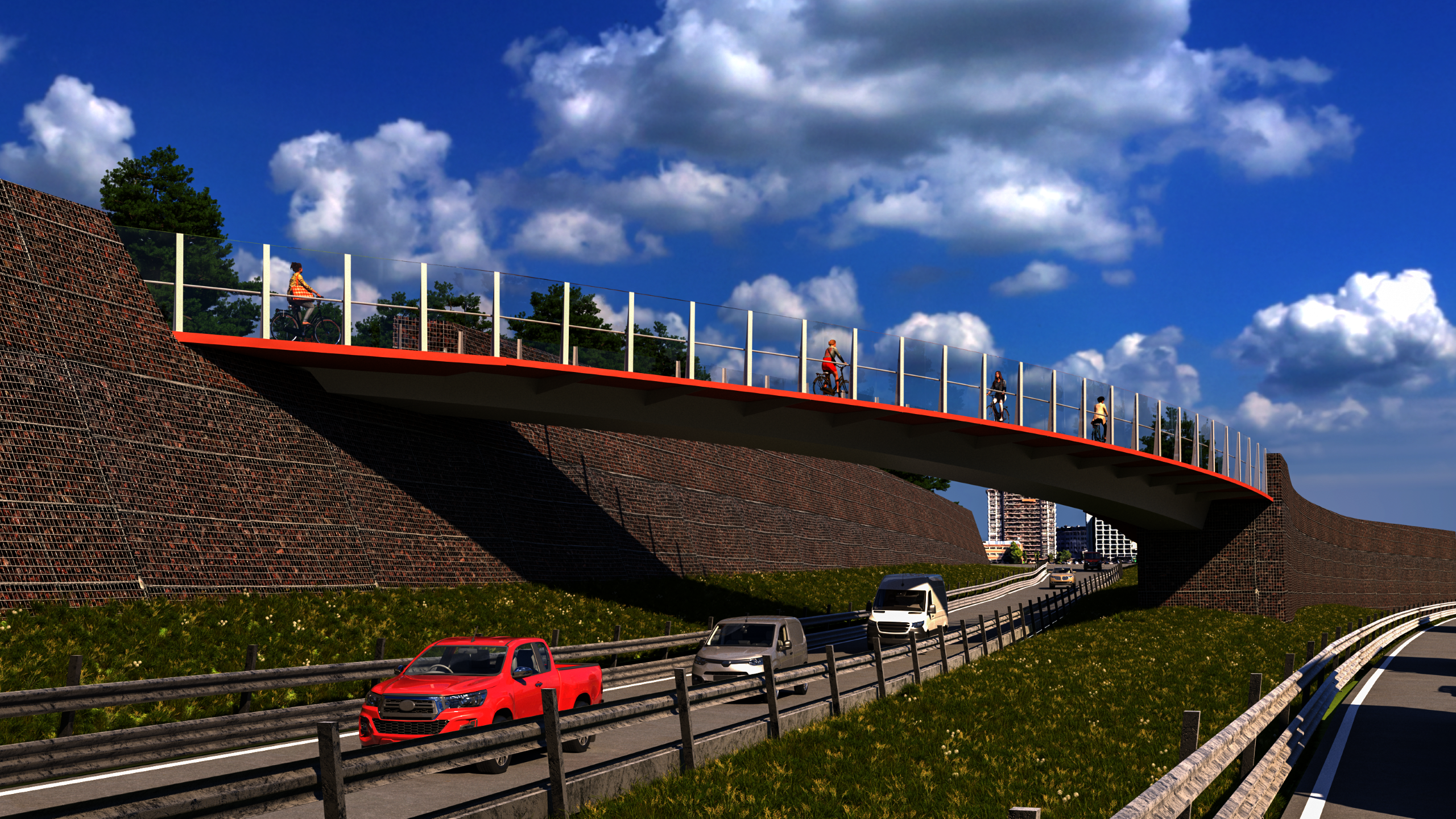 Een toekomstbeeld van de fietsbrug over de oprit van de snelweg aan de Grotesteenweg, uit het voorontwerp van Cluster Centraal, deelproject van Ringpark Groene Vesten