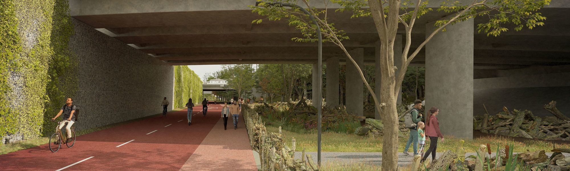 Een toekomstbeeld van de onderdoorgang van de Posthofbrug in het Bruggenpark, een van de acht deelparken van het Ringpark Groene Vesten