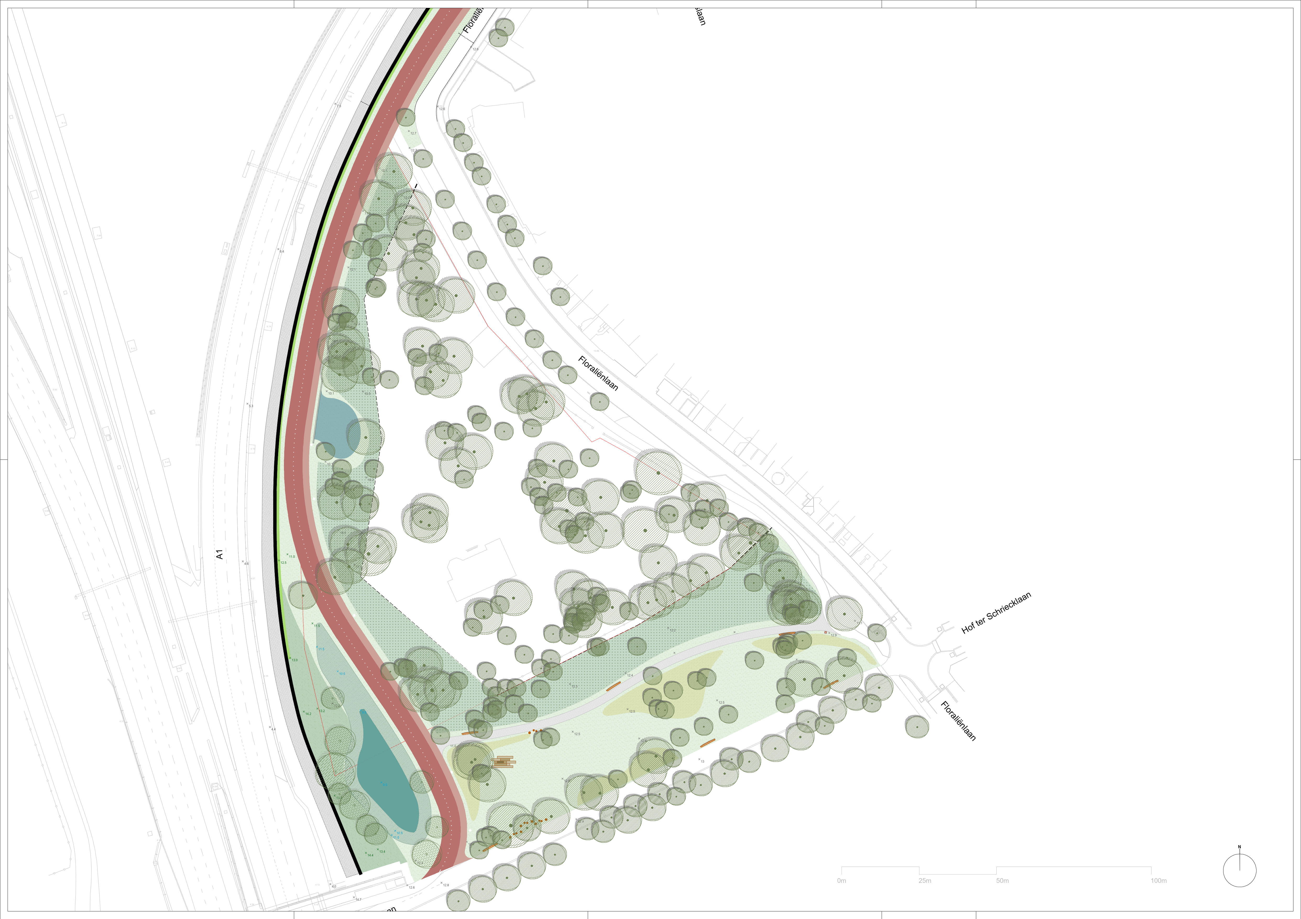 Ontwerpplan van de parkruimte bij de Floraliënlaan, een van de acht deelparken van het Ringpark Groene Vesten
