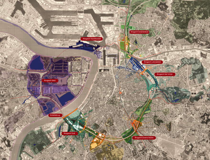 Masterplan Ringzone met aanduiding van de Ringparken.