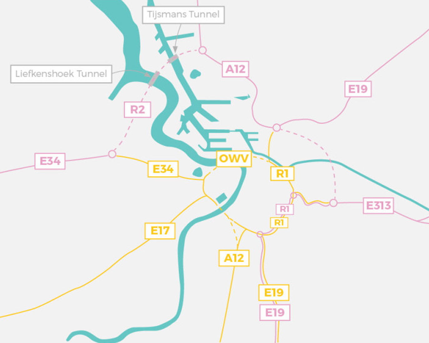 Een ring voor de stad (de gele wegen op de kaart) en een ring door de stad (de roze wegen op de kaart).