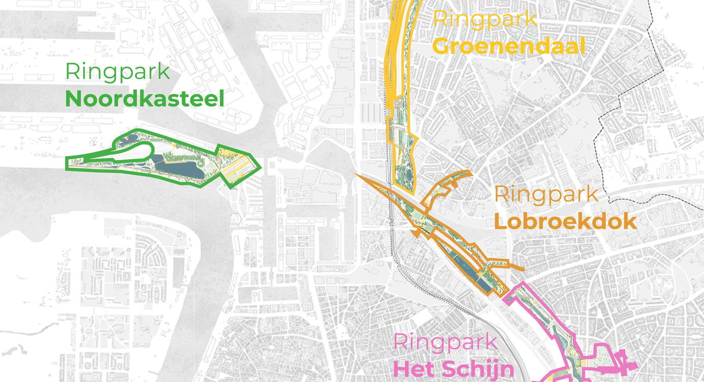 De vier ringparken in het noorden aangeduid op de kaart. Deze ringparken komen op en langs de Antwerpese Ring en de Oosterweelverbinding.