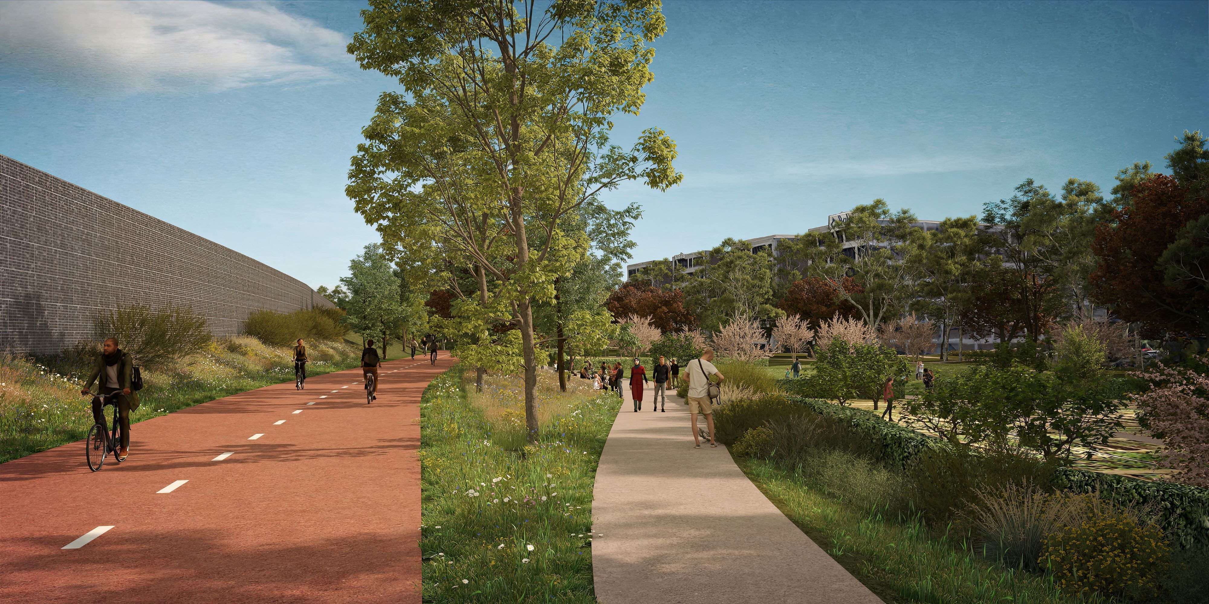 Een toekomstbeeld van het Polygoonpark uit het voorontwerp van Cluster Centraal, deelproject van Ringpark Groene Vesten