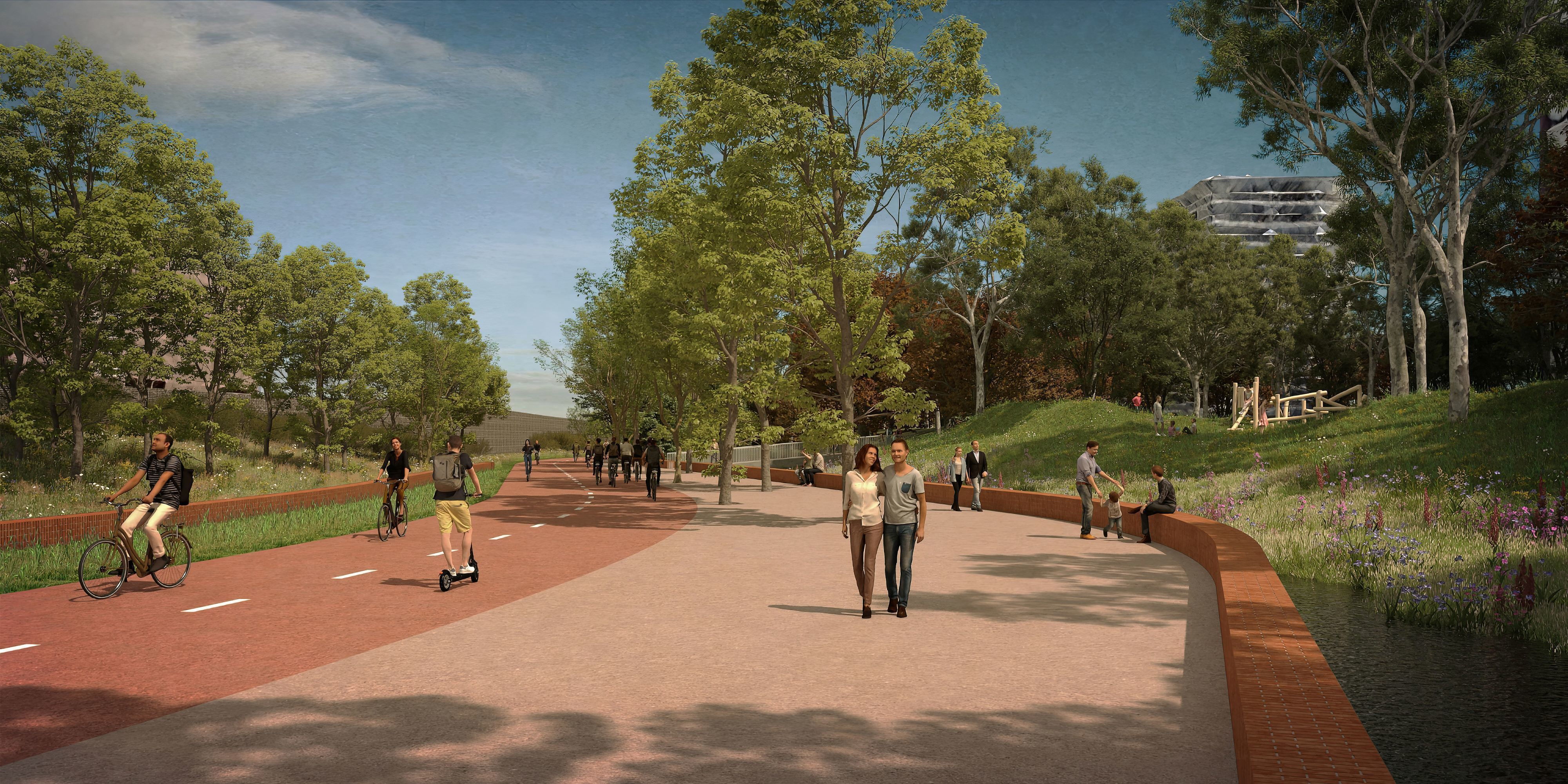 Een toekomstbeeld van het Park Groenenhoek uit het voorontwerp van Cluster Centraal, deelproject van Ringpark Groene Vesten