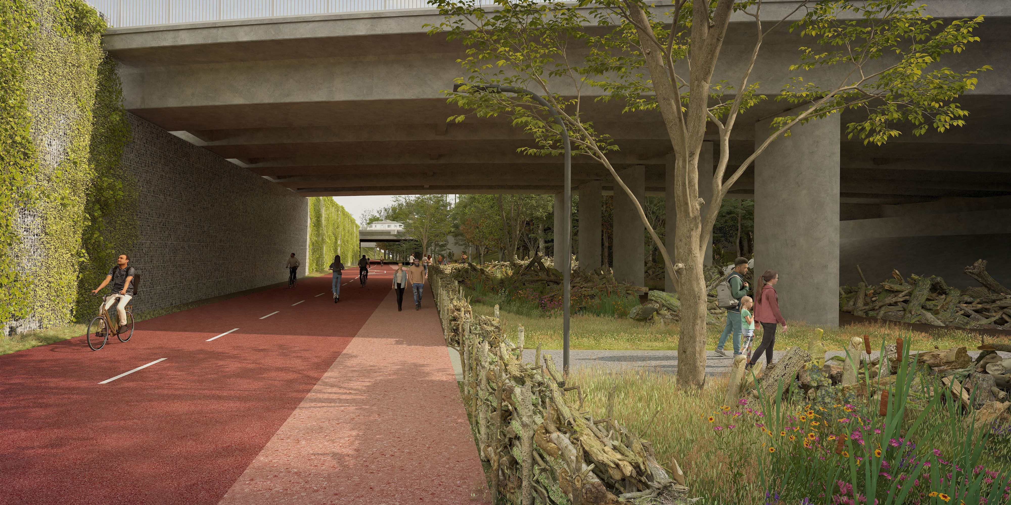Een toekomstbeeld van de onderdoorgang van de Posthofbrug in het Bruggenpark, een van de acht deelparken van het Ringpark Groene Vesten