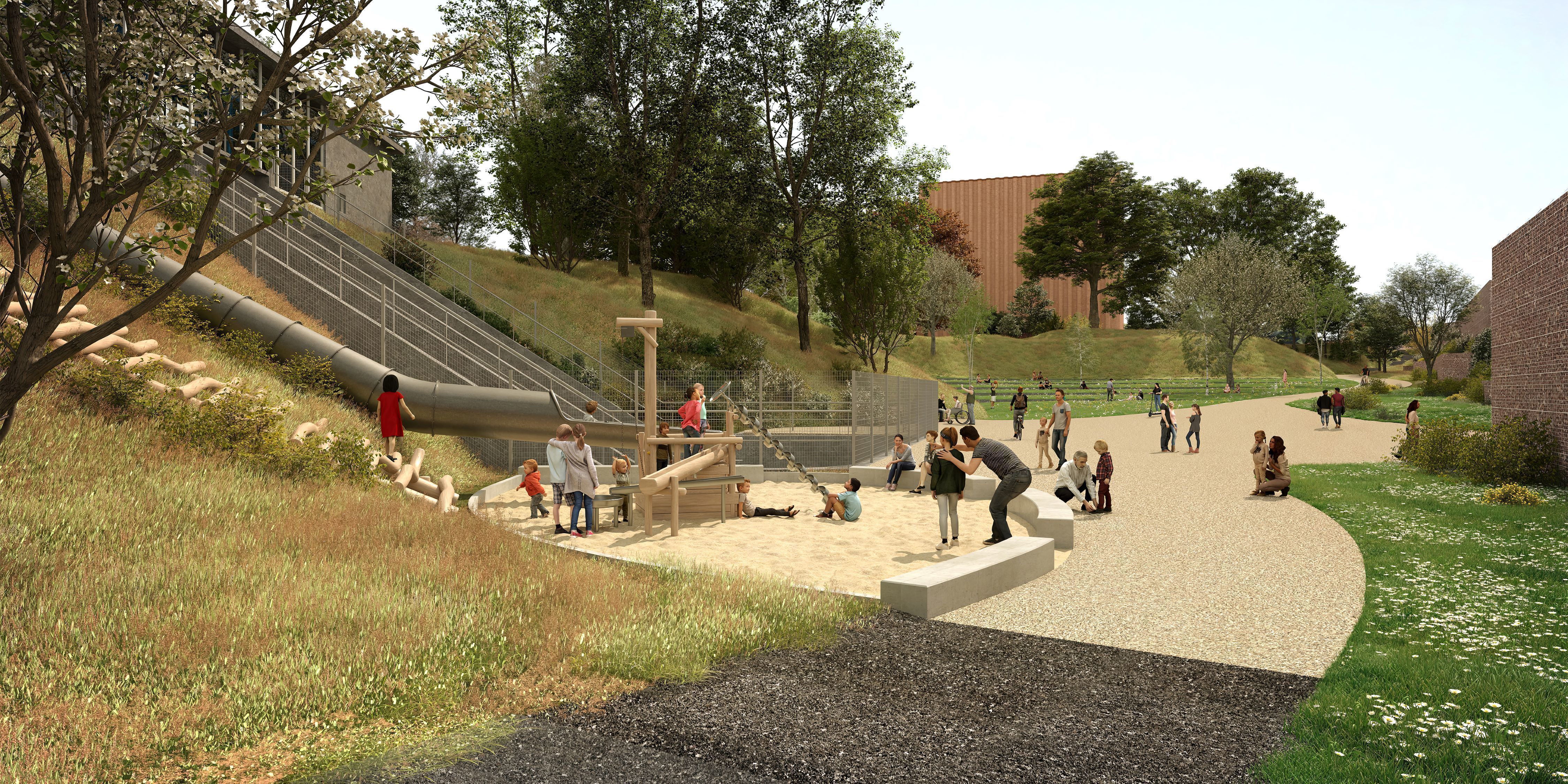 Zicht op de speelzone aan de voet van het pompstation in het toekomstige Pomppark Zuid